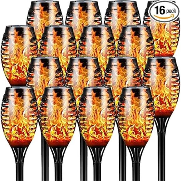 Solar Outdoor Lights, 16 Pack 12LED Solar Tiki Torches with Flickering Flame - Picture 7 of 7